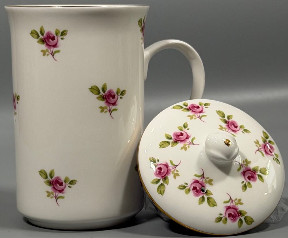 Duchess Rosebud Fine Bone China Covered Tea Mug Lid Gold Trim England